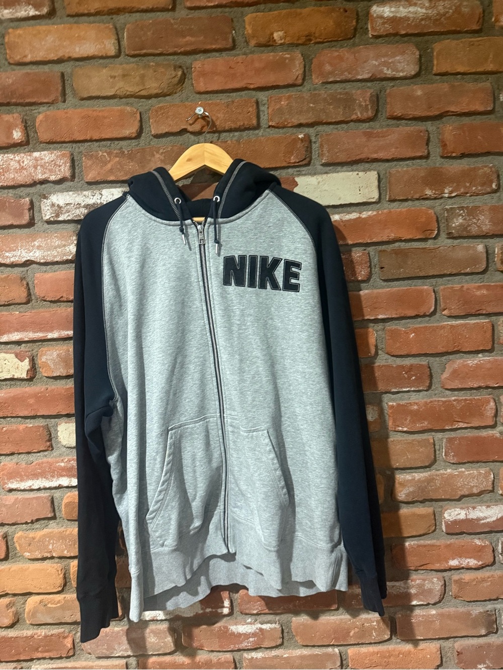 Vintage Nike Center Block Letter Raglan Full-Zip Hoodie - Grey/Black
